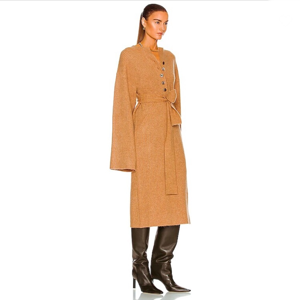MARISSA WEBB ARIE RIBBED CASHMERE BLEND HENLEY MIDI SWEATER DRESS IN CAMEL - Picture 2 of 13